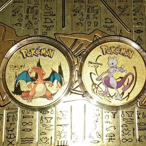 2 Gold Color Plated Pokemon Fan Collector's Metal Coins Mewtwo and Charizard